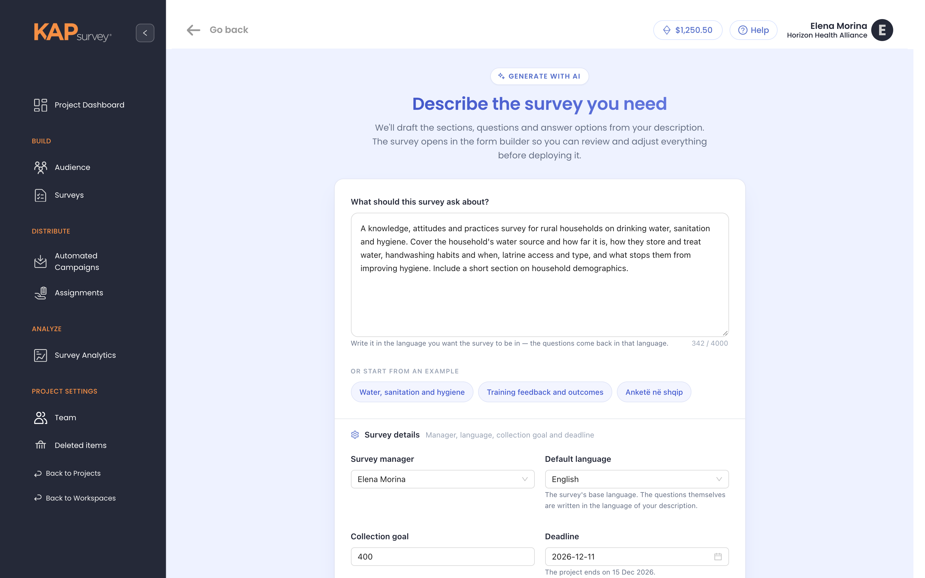 KAPsurvey Generate with AI screen drafting a survey from a plain-language description