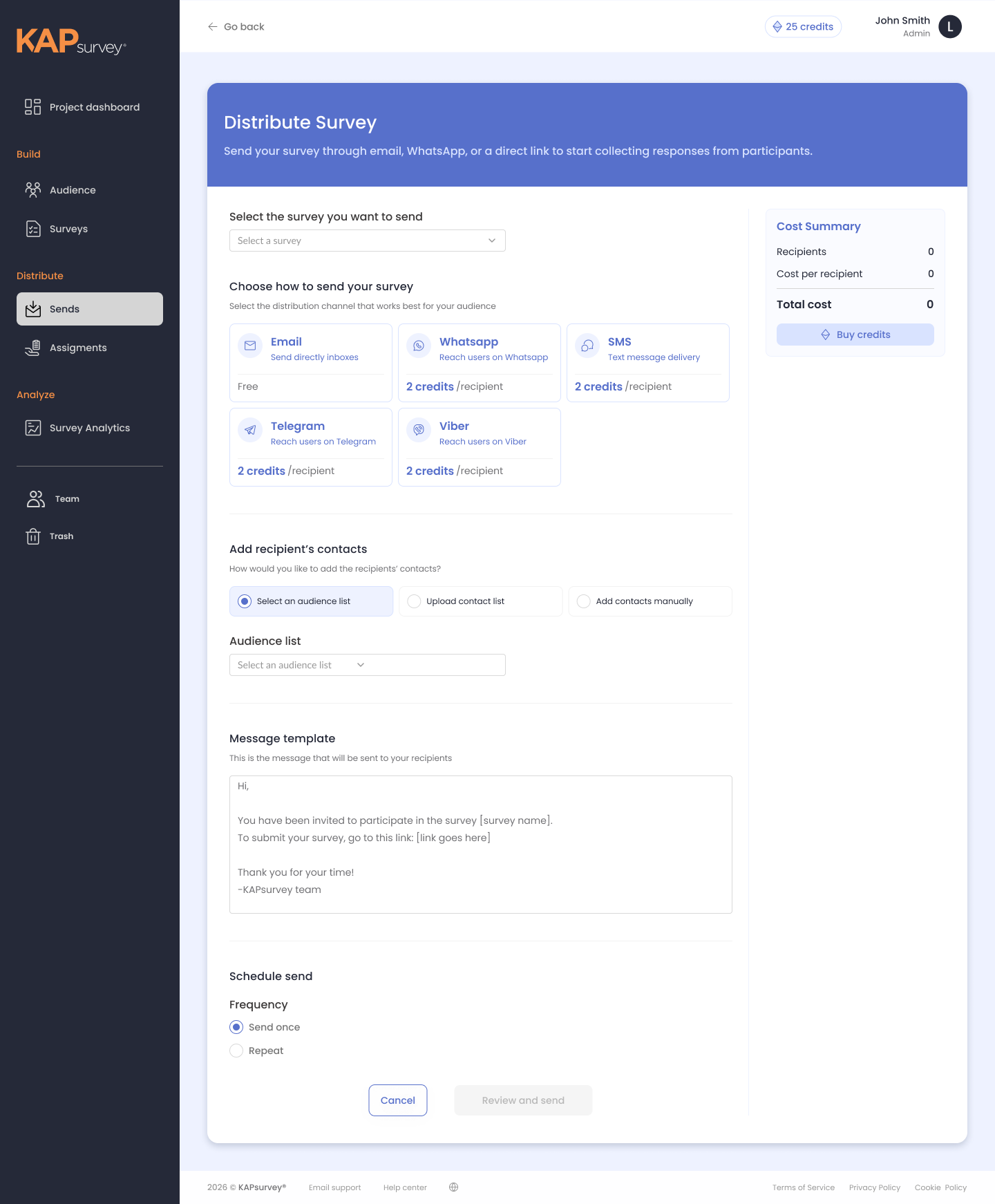 KAPsurvey Distribute Survey composer with channel cards and live cost summary
