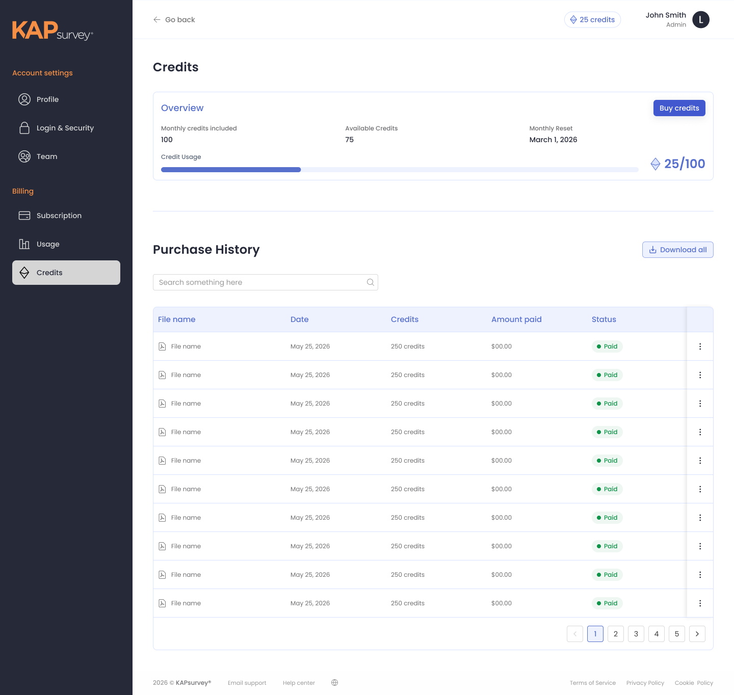 KAPsurvey Credits page with balance overview and purchase history