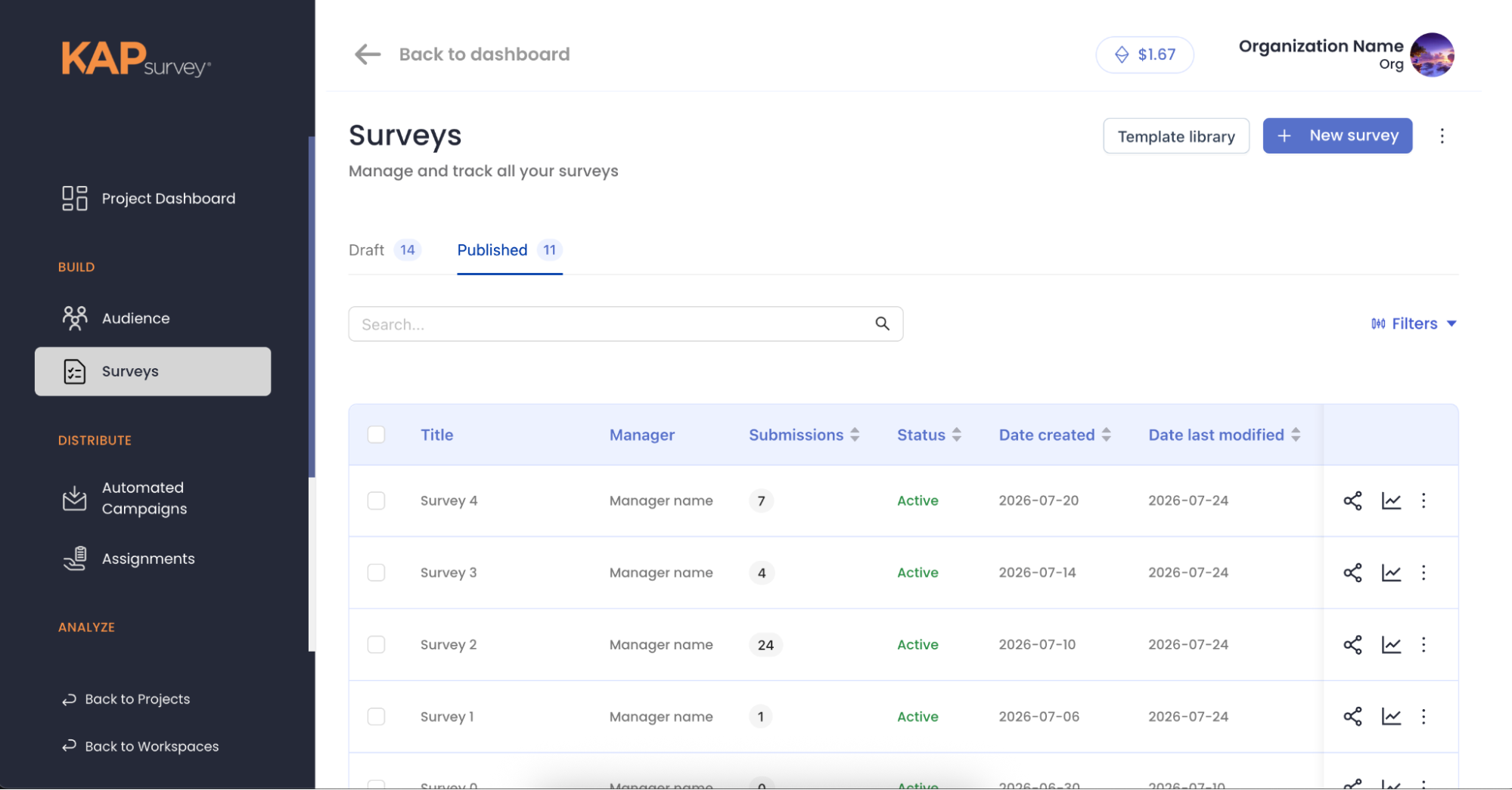 KAPsurvey Surveys list with draft and published surveys tracked by manager, submissions, and status
